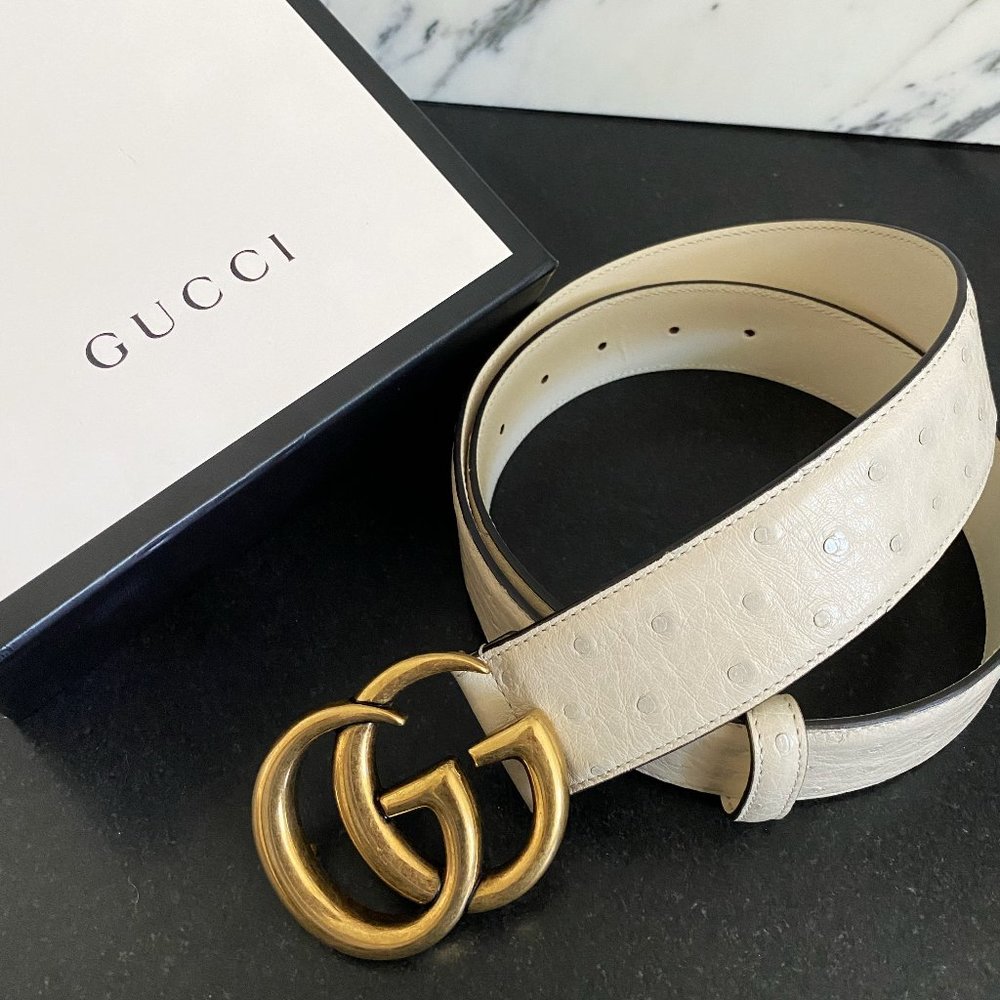 GUCCI BELT BRAND NEW WHITE/GOLD OSTRICH LEATHER size 85 (34 in) w/ original box